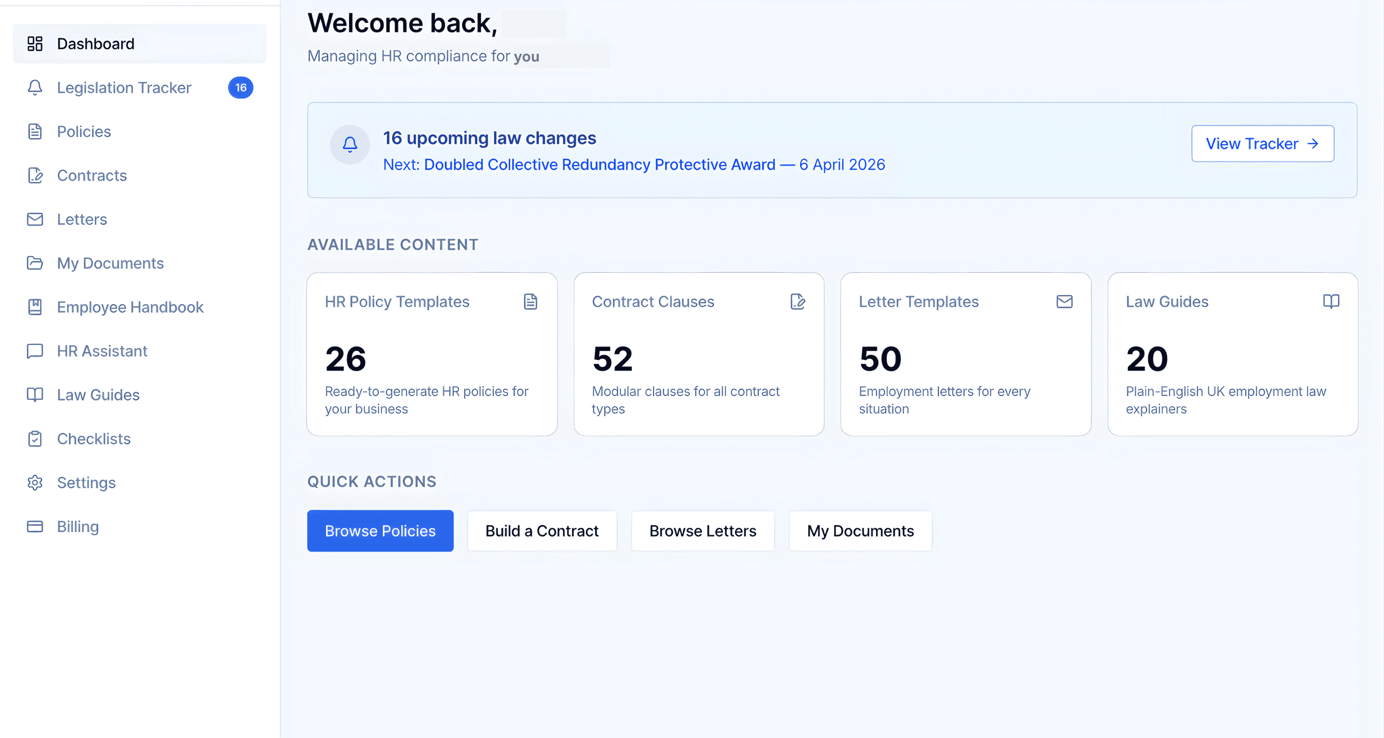 Complaiance HR compliance dashboard showing policy generation, contract builder, AI assistant and legislation tracker for UK small businesses