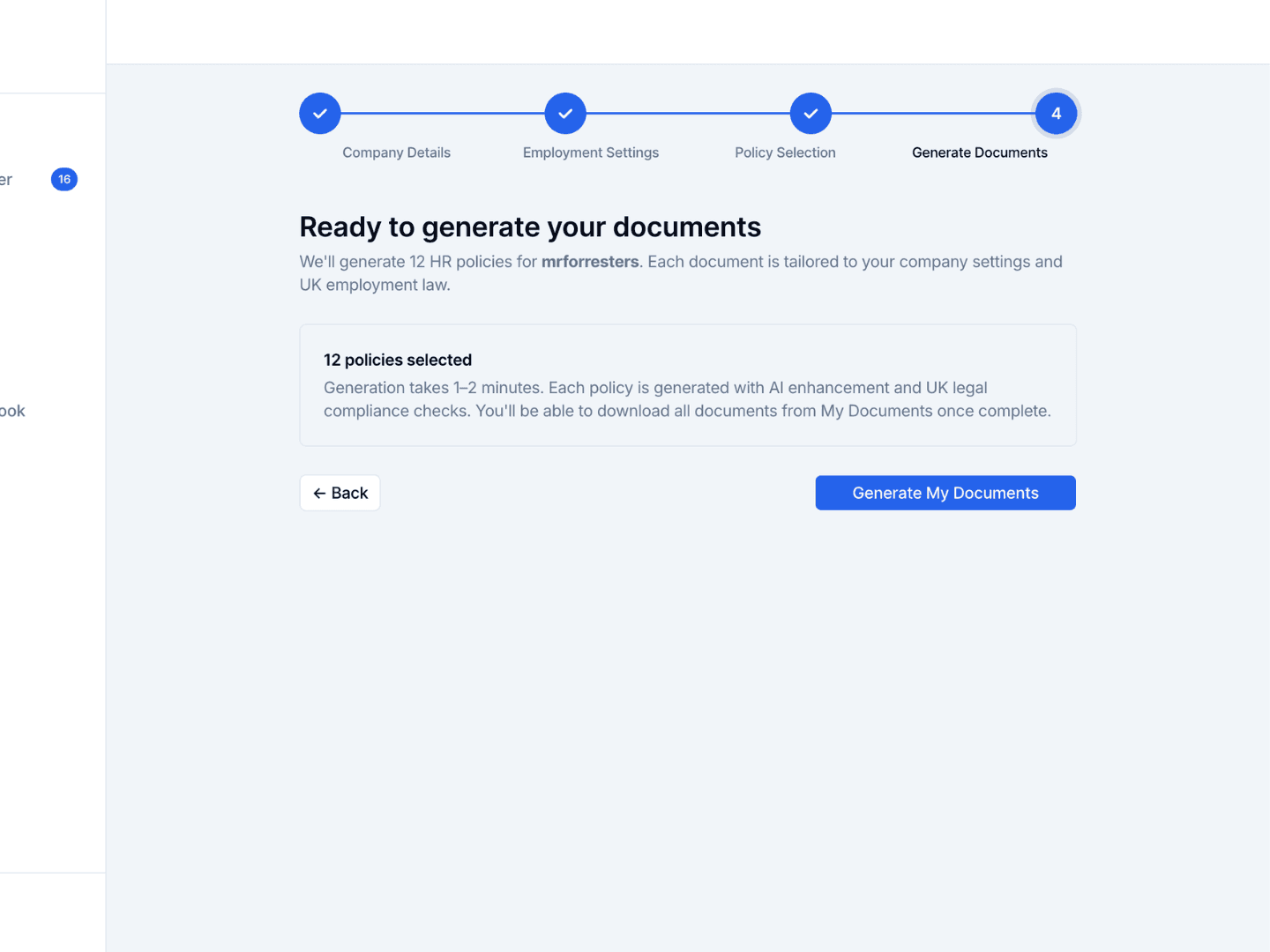 HR document generation interface producing customised UK employment policies and contracts