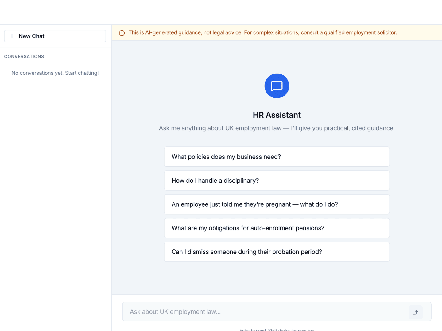 AI HR chatbot answering UK employment law questions with cited legislation references
