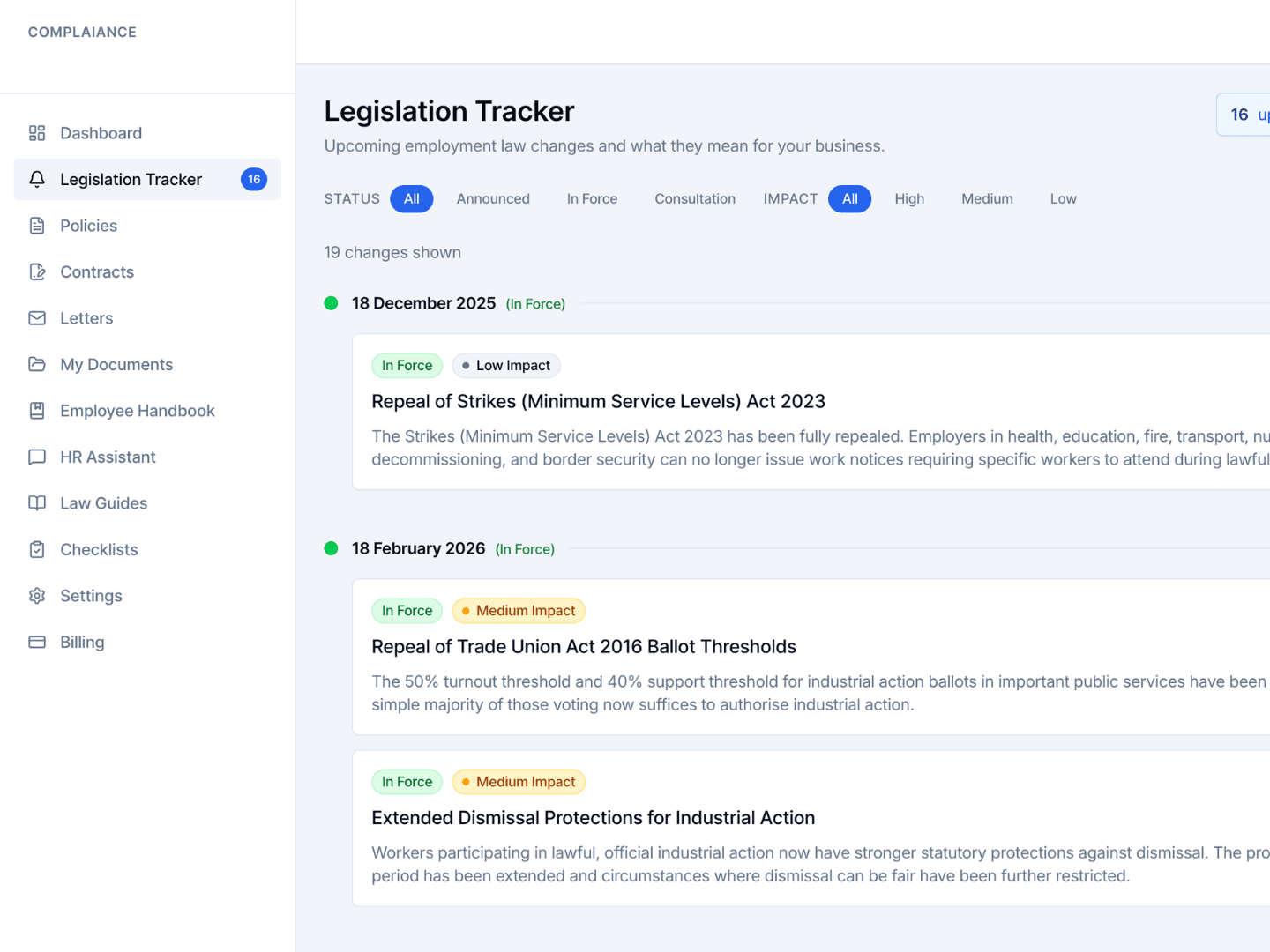 Legislation tracker dashboard showing Employment Rights Act 2025 changes and document impact alerts